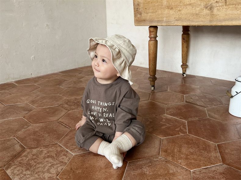 -ベビー 長袖ジャンプスーツ ロンパース レターロゴプリント コーヒー アプリコット 2カラー ボーイズ 男の子 子供服 7826 - mamahalo shop - 長袖ロンパース -  べビー服 - 子供服 - 男の子 - 女の子