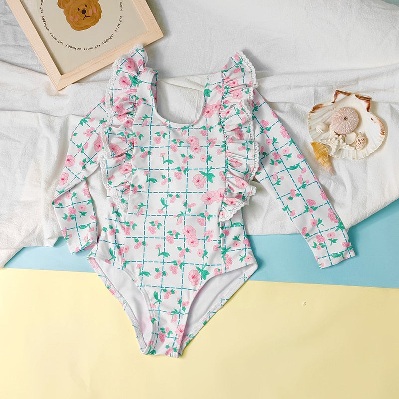 -キッズ 水着 長袖 ワンピース フリル フラワー 花柄 チェック スイムウェア 帽子 セット ガールズ【mh0001992】 - mamahalo shop - ベビー用水着 -  べビー服 - 子供服 - 男の子 - 女の子