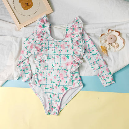 -キッズ 水着 長袖 ワンピース フリル フラワー 花柄 チェック スイムウェア 帽子 セット ガールズ【mh0001992】 - mamahalo shop - ベビー用水着 -  べビー服 - 子供服 - 男の子 - 女の子