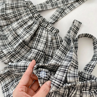 -ベビートップス/パンツ 丸襟長袖ブラウス/チェックサスペンダーフリルスカートブルマパンツ - mamahalo shop - 長袖セットアップ -  べビー服 - 子供服 - 男の子 - 女の子