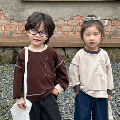 -キッズトップス ステッチアクセント長袖シンプルTシャツ 2カラー - mamahalo shop - 長袖Tシャツ -  べビー服 - 子供服 - 男の子 - 女の子