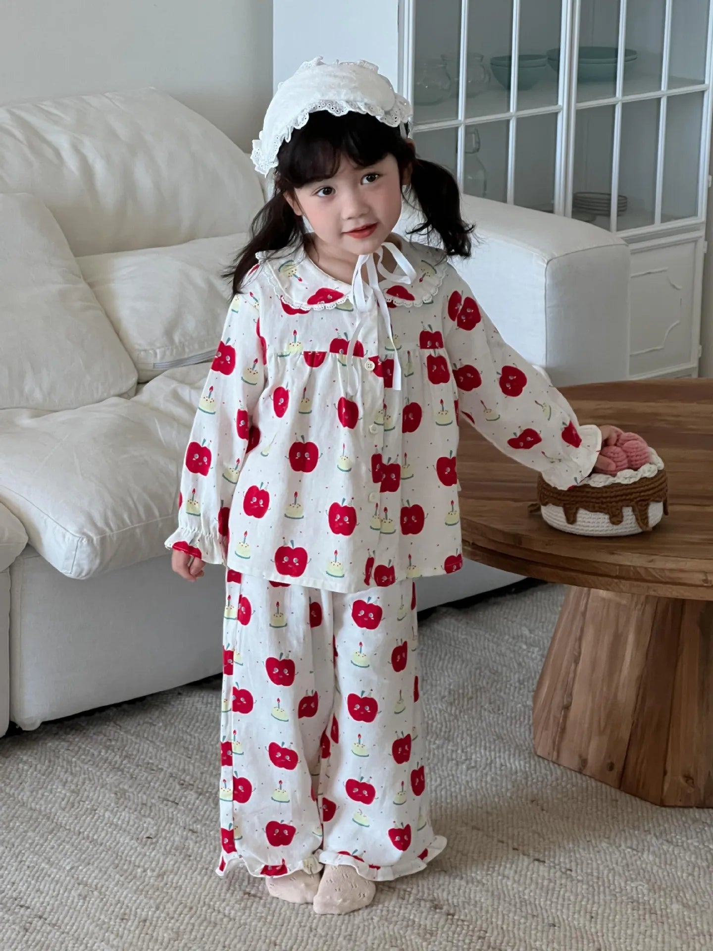 -キッズパジャマセット アップルりんご/うさぎバニープリント長袖ブラウス+ロングパンツ 3カラー - mamahalo shop - 長袖パジャマ -  べビー服 - 子供服 - 男の子 - 女の子