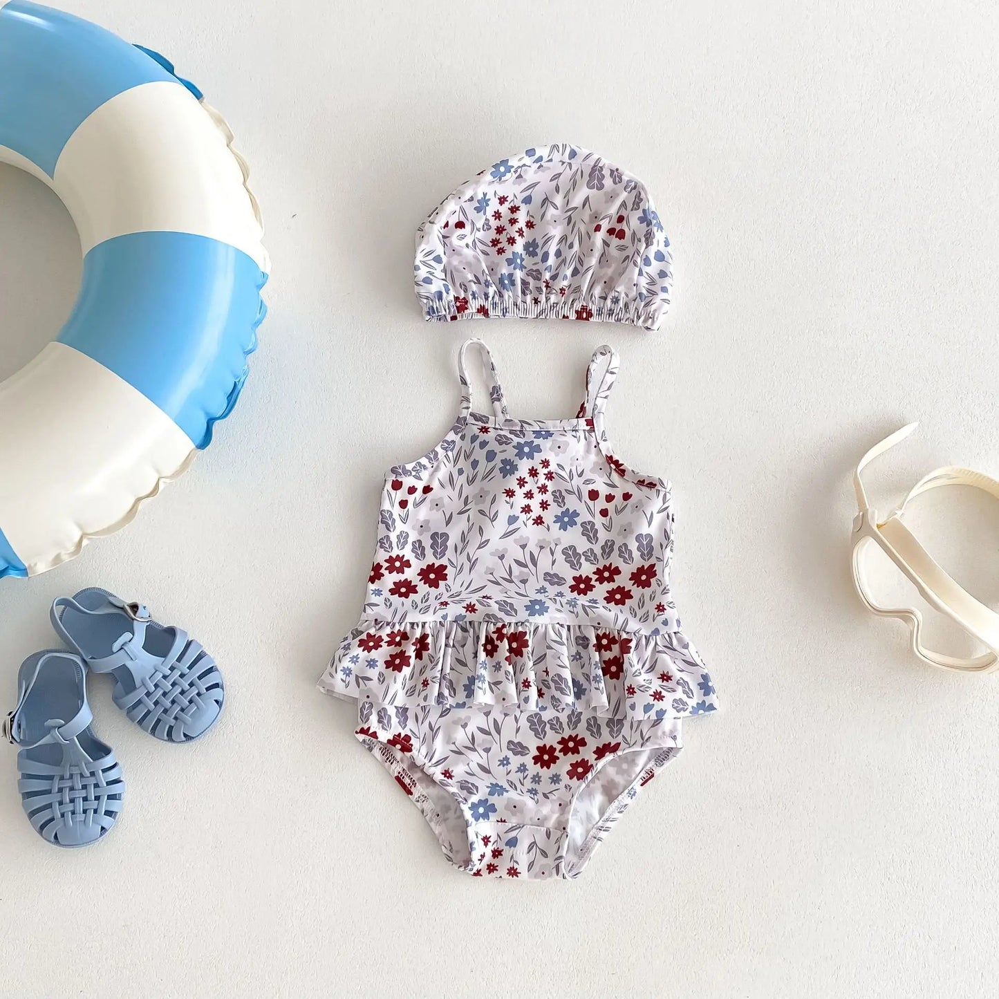 -ベビー水着 キャミソールペプラムワンピース 帽子セット スイムウェア ラッシュガード  フラワー花柄プリント【mh0005110】 - mamahalo shop - ベビー用水着 -  べビー服 - 子供服 - 男の子 - 女の子