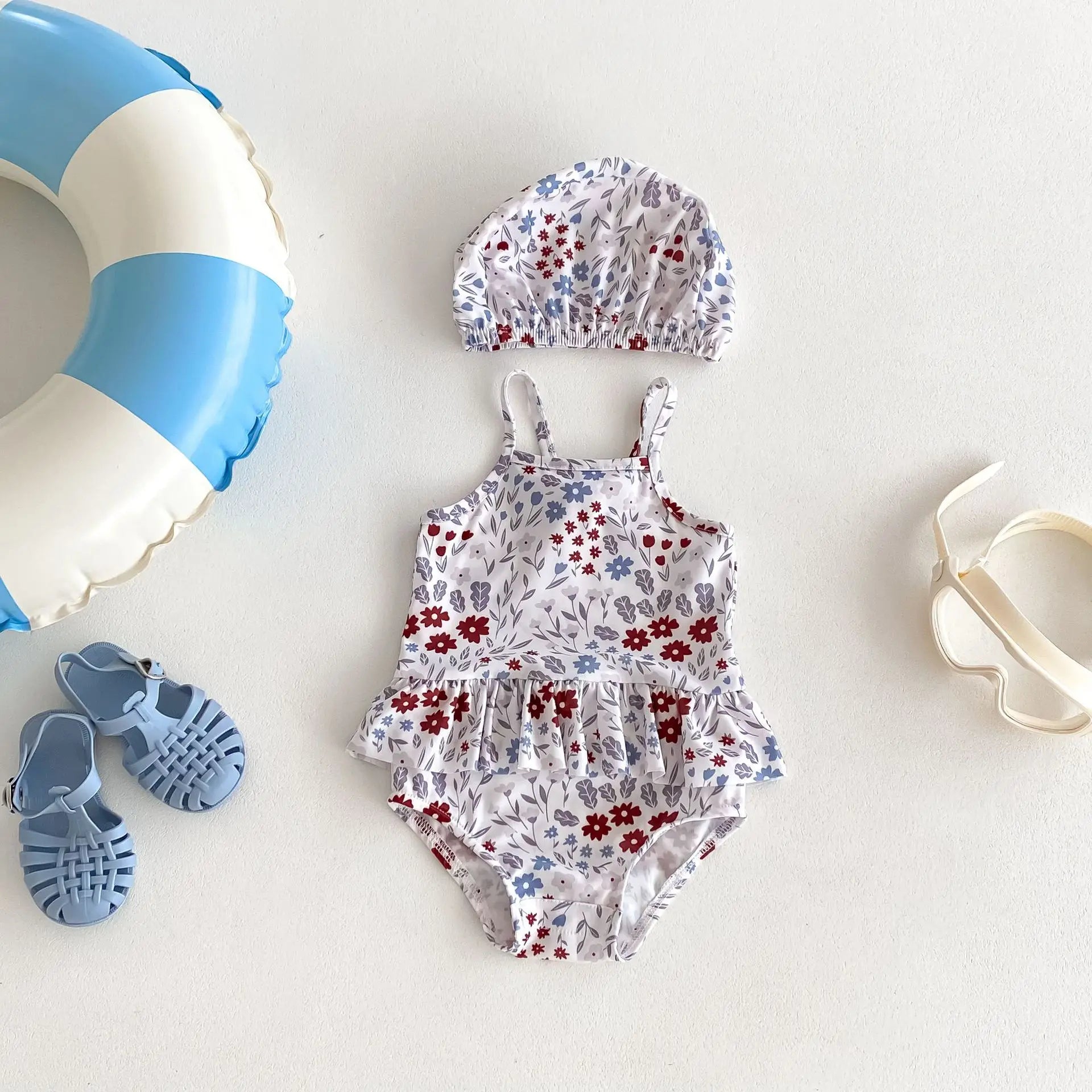 -ベビー水着 キャミソールペプラムワンピース 帽子セット スイムウェア ラッシュガード  フラワー花柄プリント【mh0005110】 - mamahalo shop - ベビー用水着 -  べビー服 - 子供服 - 男の子 - 女の子
