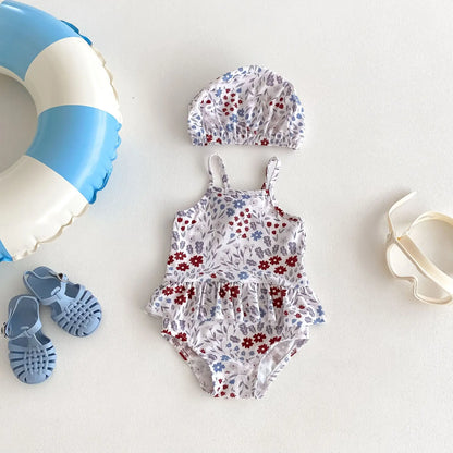 -ベビー水着 キャミソールペプラムワンピース 帽子セット スイムウェア ラッシュガード  フラワー花柄プリント【mh0005110】 - mamahalo shop - ベビー用水着 -  べビー服 - 子供服 - 男の子 - 女の子