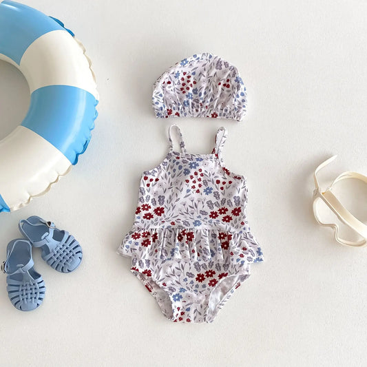 -ベビー水着 キャミソールペプラムワンピース 帽子セット スイムウェア ラッシュガード  フラワー花柄プリント【mh0005110】 - mamahalo shop - ベビー用水着 -  べビー服 - 子供服 - 男の子 - 女の子