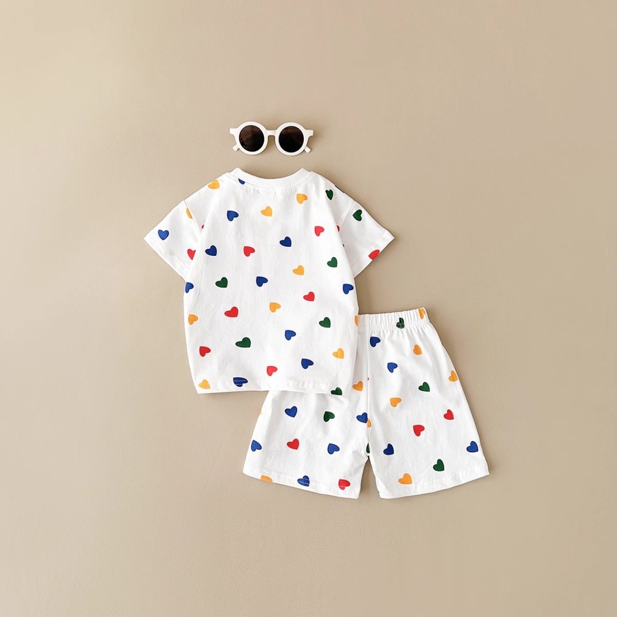 -ベビーキッズセットアップ 2点セット 半袖Tシャツ+ショートパンツ チェック/カラフルハートプリント【mh0005638】 - mamahalo shop - 半袖セットアップ -  べビー服 - 子供服 - 男の子 - 女の子