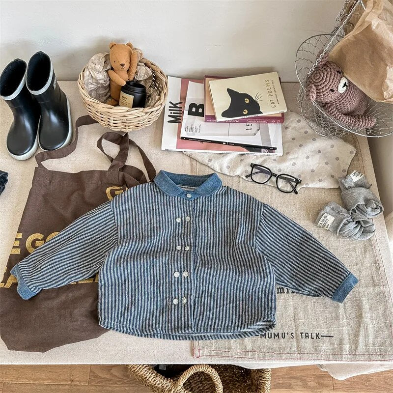 -キッズ長袖シャツ トップス ストライプ ルーズ ブルー ブラック 2カラー ボーイズ 男の子 子供服 - mamahalo shop - 長袖シャツ・ブラウス -  べビー服 - 子供服 - 男の子 - 女の子