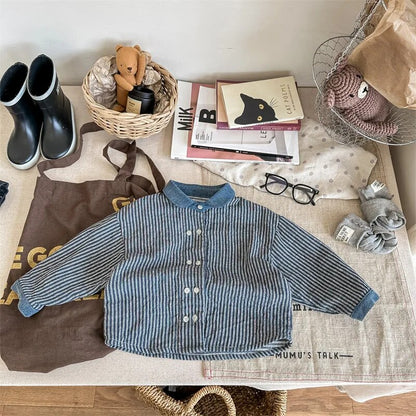 -キッズ長袖シャツ トップス ストライプ ルーズ ブルー ブラック 2カラー ボーイズ 男の子 子供服 - mamahalo shop - 長袖シャツ・ブラウス -  べビー服 - 子供服 - 男の子 - 女の子