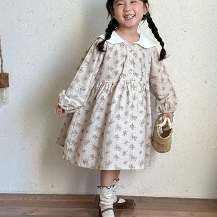 キッズワンピース フラワープリントセーラーカラー長袖ワンピース - mamahalo shop - 長袖ワンピース -  べビー服 - 子供服 - 男の子 - 女の子