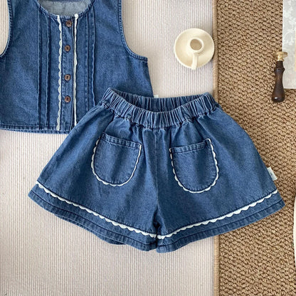 -ベビーキッズセットアップ 2点セット デニム ノースリーブベストブラウス+ショートパンツ キュロットパンツ 2カラー - mamahalo shop - ノースリーブセットアップ -  べビー服 - 子供服 - 男の子 - 女の子