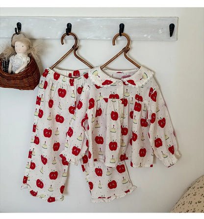 -キッズパジャマセット アップルりんご/うさぎバニープリント長袖ブラウス+ロングパンツ 3カラー - mamahalo shop - 長袖パジャマ -  べビー服 - 子供服 - 男の子 - 女の子