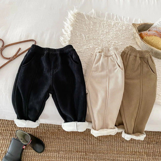 -キッズ パンツ ロングパンツ 裏ボアフリース 厚手 コーデュロイ アプリコット ブラック カーキ 3カラー ボーイズ 男の子 子供服 - mamahalo shop - ロングパンツ・スウェットパンツ -  べビー服 - 子供服 - 男の子 - 女の子