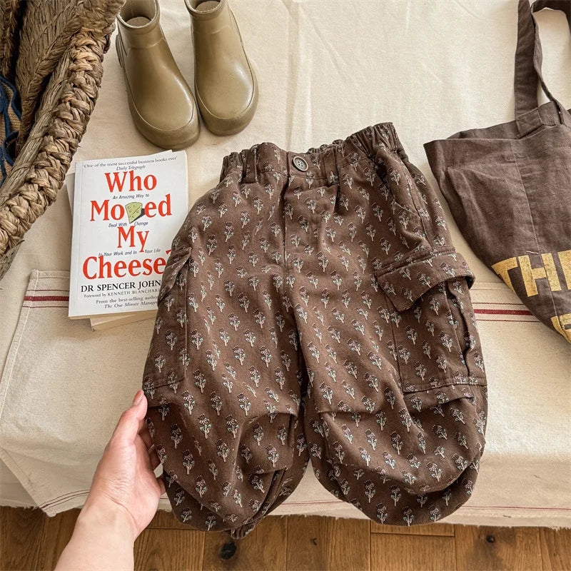 -キッズパンツ フラワー花柄プリント カーゴパンツ 2カラー - mamahalo shop - ロングパンツ・スウェットパンツ -  べビー服 - 子供服 - 男の子 - 女の子