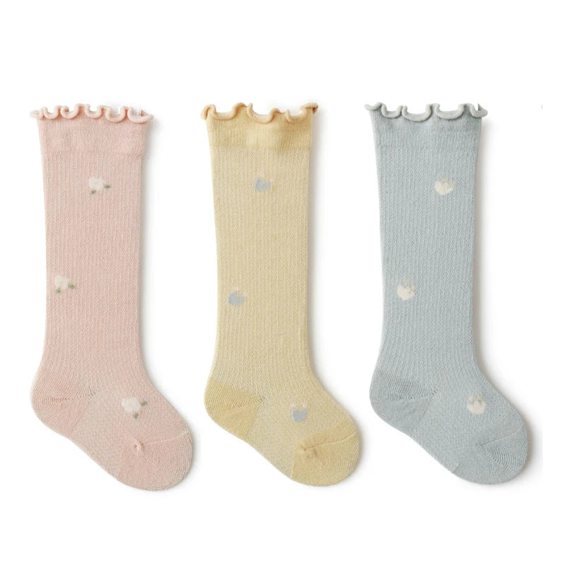 -ベビーソックス 靴下3足セット フリルハイソックス フラワー花柄 - mamahalo shop - ベビー用靴下・タイツ -  べビー服 - 子供服 - 男の子 - 女の子