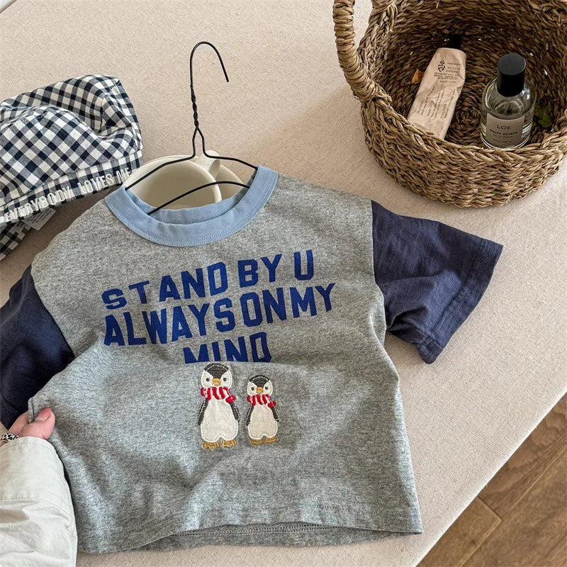 -キッズトップス 半袖Tシャツ ペンギン レターロゴプリント 3カラー - mamahalo shop - 半袖Tシャツ -  べビー服 - 子供服 - 男の子 - 女の子