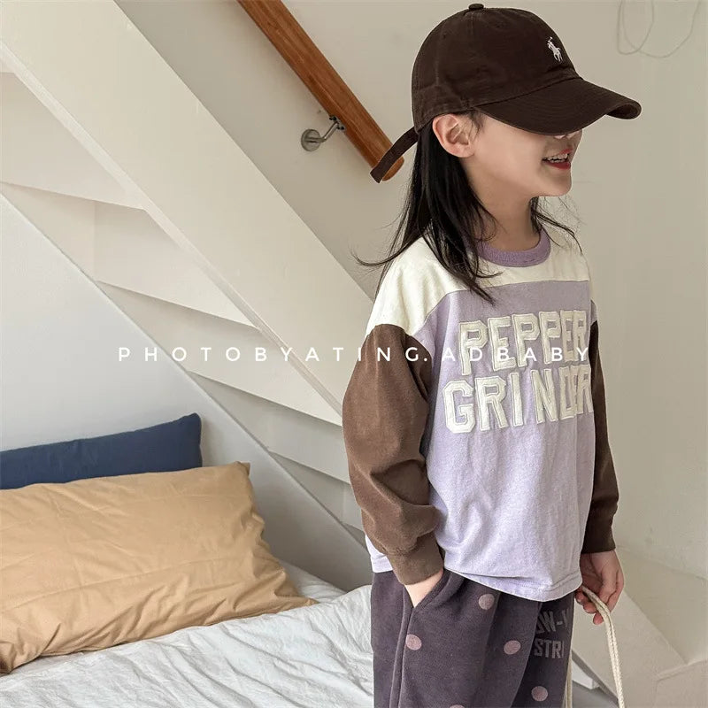 -キッズトップス 長袖Tシャツ ホッケーシャツ パッチワーク レターロゴ刺繍 2カラー - mamahalo shop - 長袖Tシャツ -  べビー服 - 子供服 - 男の子 - 女の子