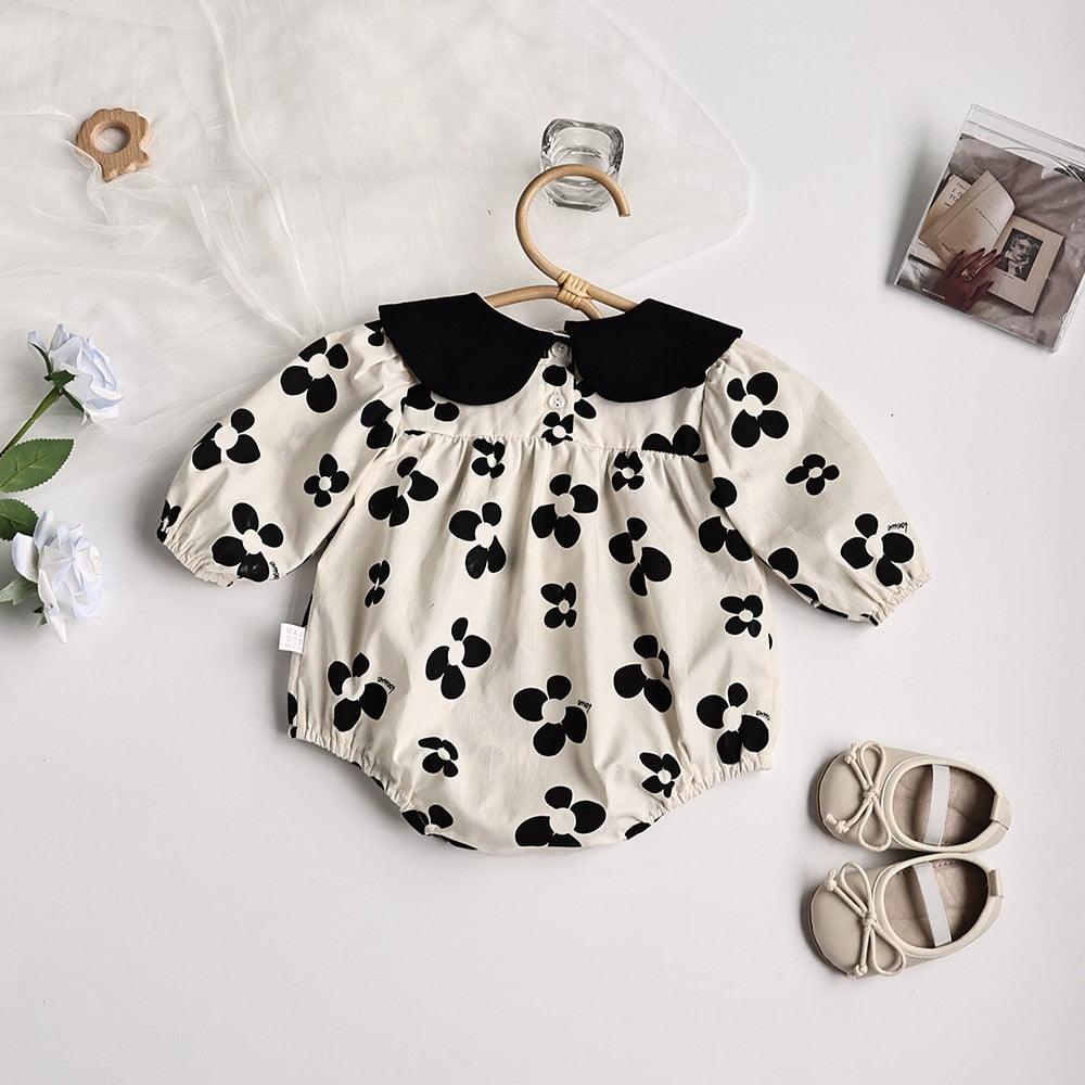 -ベビー服 ロンパース レトロ フラワー 長袖 リボンヘアバンド セット モノトーン 女の子 - mamahalo shop - 長袖ロンパース -  べビー服 - 子供服 - 男の子 - 女の子