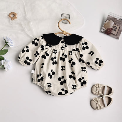 -ベビー服 ロンパース レトロ フラワー 長袖 リボンヘアバンド セット モノトーン 女の子 - mamahalo shop - 長袖ロンパース -  べビー服 - 子供服 - 男の子 - 女の子