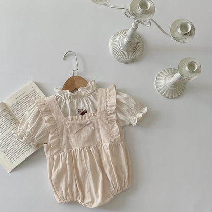 -ベビーロンパース フリル ノースリーブ リボンボディスーツ 2カラー【mh0006297】 - mamahalo shop - ノースリーブロンパース -  べビー服 - 子供服 - 男の子 - 女の子