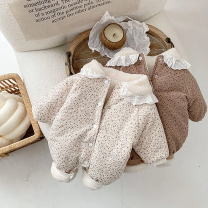 -ベビーアウタージャンプスーツ 長袖ロンパース 裏ボアフリース フラワー花柄プリント ベージュ カーキ 2カラー - mamahalo shop - アウタージャンプスーツ -  べビー服 - 子供服 - 男の子 - 女の子