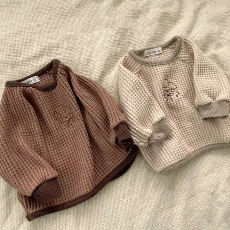 -ベビートップス ワッフル 長袖Tシャツ ベージュ ブラウン 2カラー - mamahalo shop - 長袖Tシャツ -  べビー服 - 子供服 - 男の子 - 女の子