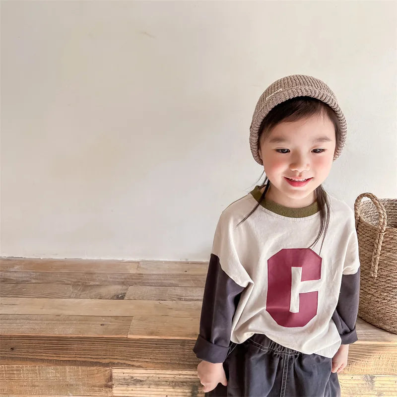 -キッズトップス 長袖Tシャツ パッチワーク レターロゴプリント 2カラー - mamahalo shop - 長袖Tシャツ -  べビー服 - 子供服 - 男の子 - 女の子