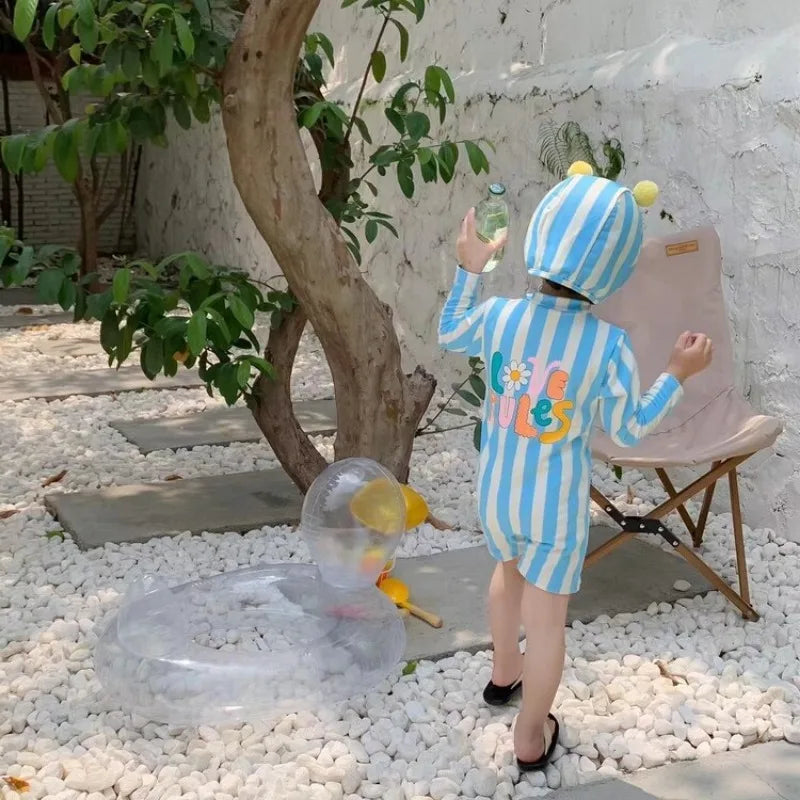 -キッズ水着 ボーイズ 長袖つなぎ ワンピース+帽子セット ストライプ くま耳帽子 スイムウェア【mh0005978】 - mamahalo shop - ベビー用水着 -  べビー服 - 子供服 - 男の子 - 女の子