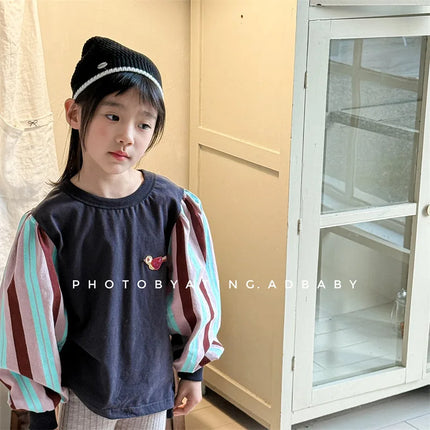 キッズトップス カラフルストライプパフ袖小鳥刺繍長袖Tシャツ - mamahalo shop - 長袖Tシャツ -  べビー服 - 子供服 - 男の子 - 女の子