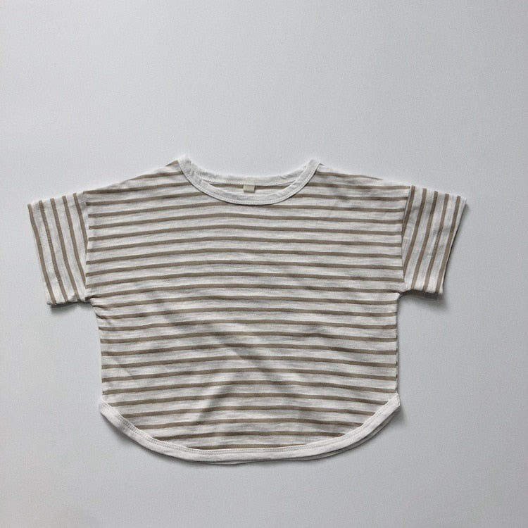 -キッズ ボーダー ルーズ 半袖 Tシャツ トップス 4カラー ユニセックス - mamahalo shop - 半袖Tシャツ -  べビー服 - 子供服 - 男の子 - 女の子