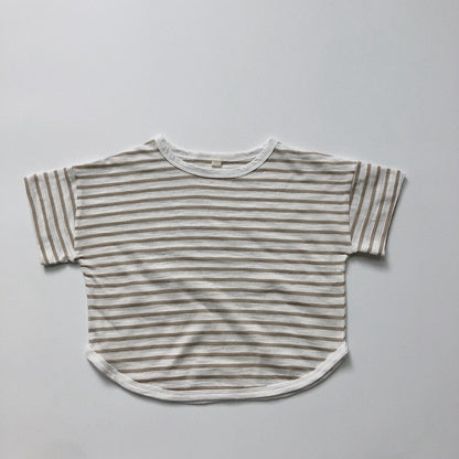 -キッズ ボーダー ルーズ 半袖 Tシャツ トップス 4カラー ユニセックス - mamahalo shop - 半袖Tシャツ -  べビー服 - 子供服 - 男の子 - 女の子