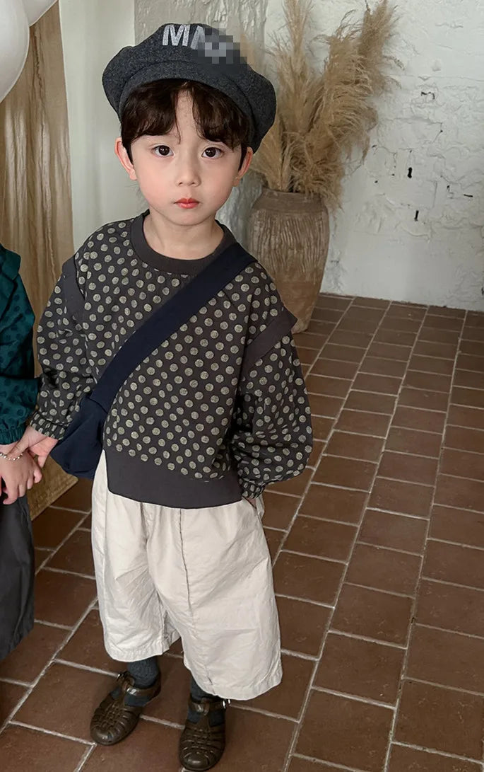 -キッズトップス 長袖ショルダードッキングTシャツ 水玉ドットプリント レイクブルー/グレー/2カラー - mamahalo shop - 長袖Tシャツ -  べビー服 - 子供服 - 男の子 - 女の子