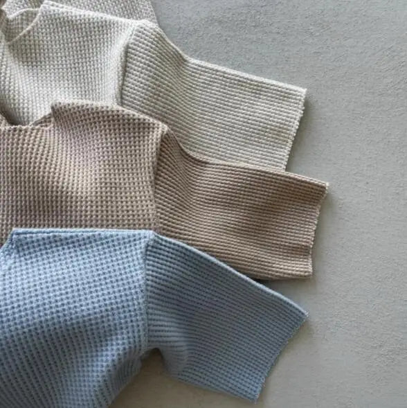 -キッズセットアップ 2点セット ワッフル シームレス 半袖Tシャツ+ショートパンツ シンプルベーシック 3カラー - mamahalo shop - 長袖セットアップ -  べビー服 - 子供服 - 男の子 - 女の子