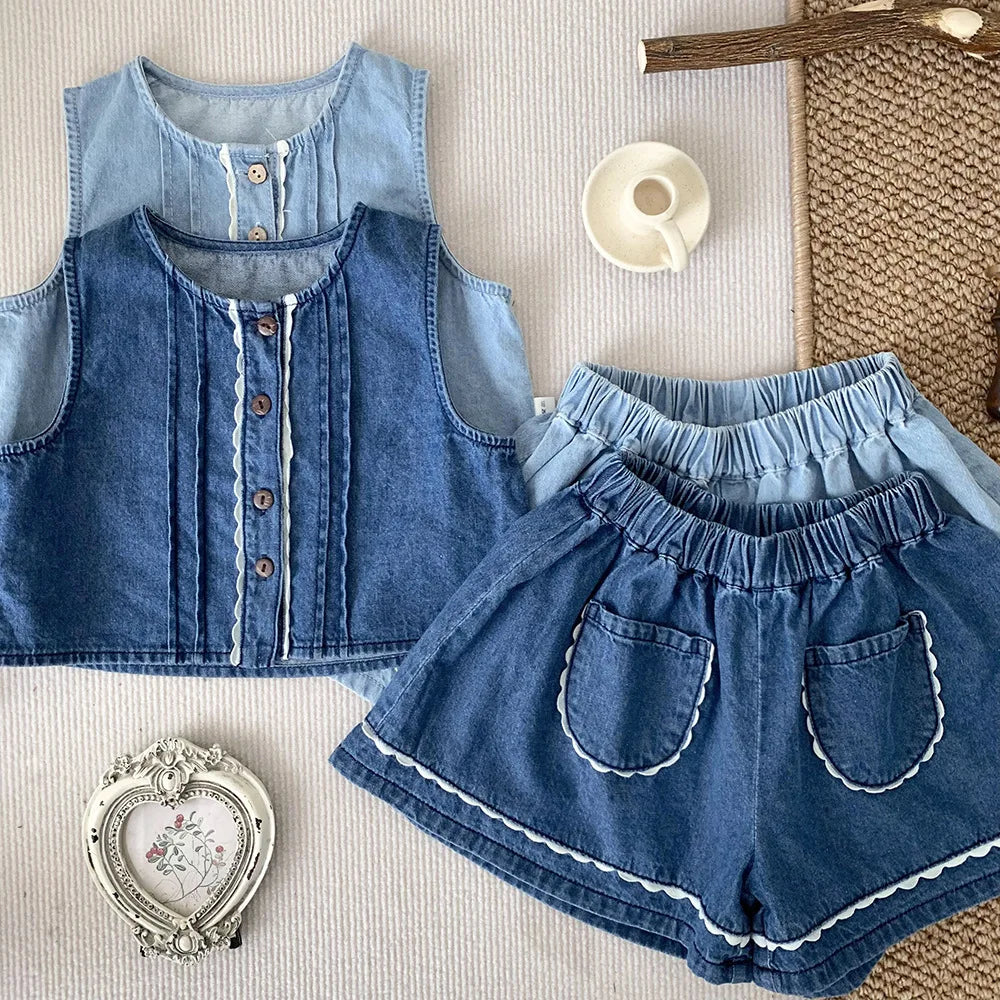 -ベビーキッズセットアップ 2点セット デニム ノースリーブベストブラウス+ショートパンツ キュロットパンツ 2カラー - mamahalo shop - ノースリーブセットアップ -  べビー服 - 子供服 - 男の子 - 女の子