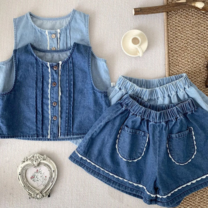 -ベビーキッズセットアップ 2点セット デニム ノースリーブベストブラウス+ショートパンツ キュロットパンツ 2カラー - mamahalo shop - ノースリーブセットアップ -  べビー服 - 子供服 - 男の子 - 女の子