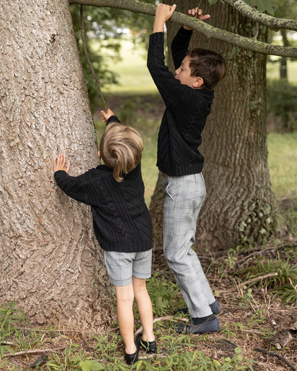 -ベビーキッズジュニア ケーブルニットカーディガン トラッドチェック サスペンダーパンツ ロングパンツ リンクコーデ 兄弟お揃い お出かけ - mamahalo shop - サロペットパンツ・サスペンダーパンツ -  べビー服 - 子供服 - 男の子 - 女の子