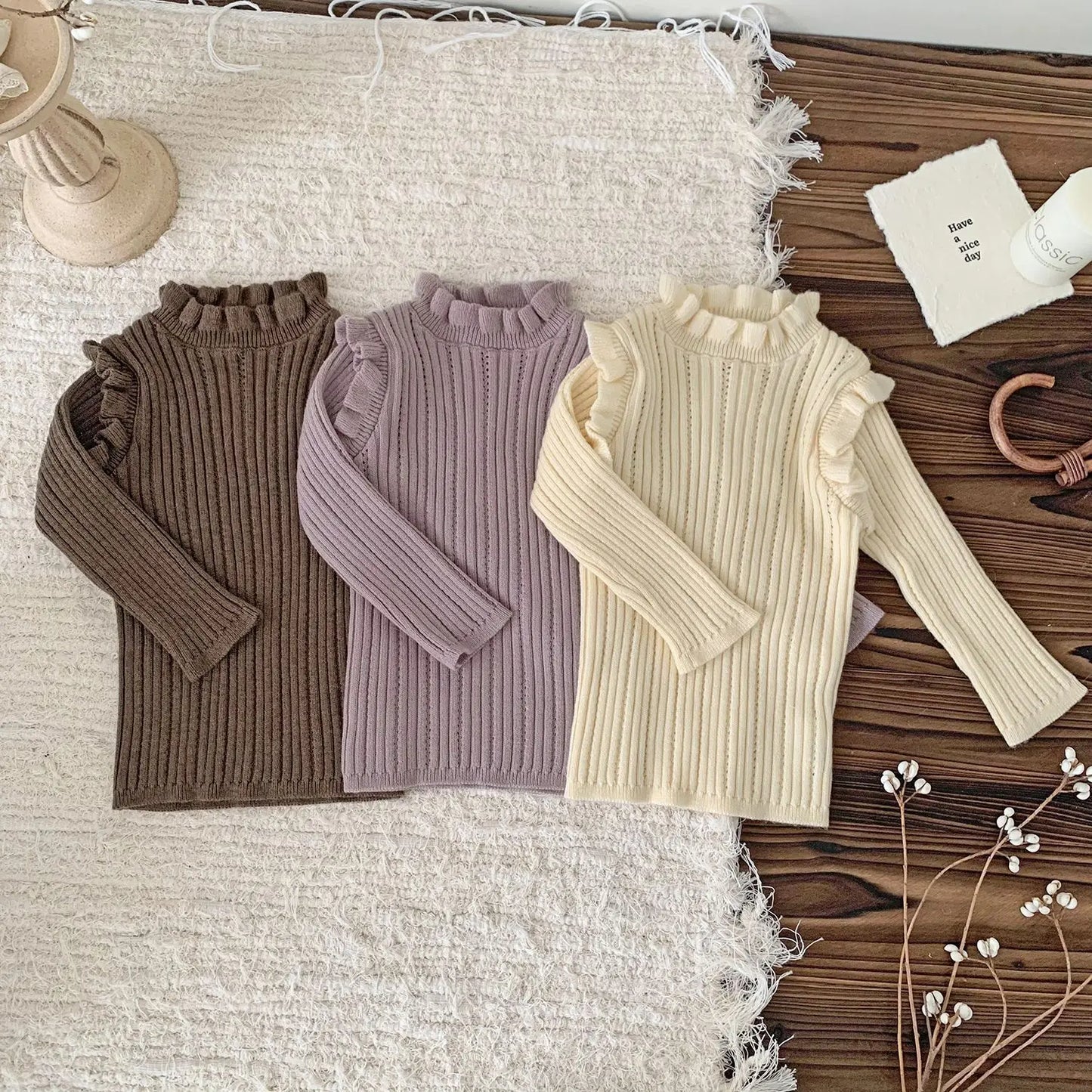 -ベビーキッズトップス フリルショルダースタンドカラーニットカットソーTシャツ 3カラー - mamahalo shop - ニット・セーター -  べビー服 - 子供服 - 男の子 - 女の子