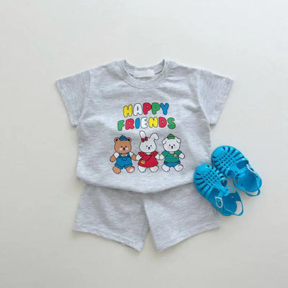 -ベビーセットアップ 2点セット 半袖プリントTシャツ+ショートパンツ くまうさぎ 3カラー【mh0006307】 - mamahalo shop - 半袖セットアップ -  べビー服 - 子供服 - 男の子 - 女の子