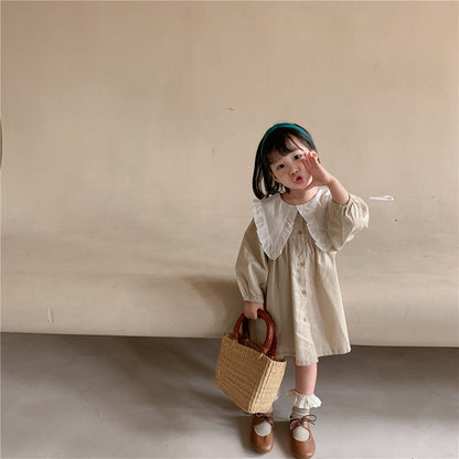 -キッズ ビッグ襟 チェック 無地 ワンピース 2スタイル【mh0002900】 - mamahalo shop - 長袖ワンピース -  べビー服 - 子供服 - 男の子 - 女の子