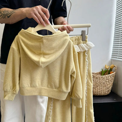 -キッズセットアップ 2点セット フーディジップアップ長袖パーカー+サイドフリルワイドルーズスウェットパンツ 2カラー - mamahalo shop - 長袖セットアップ -  べビー服 - 子供服 - 男の子 - 女の子