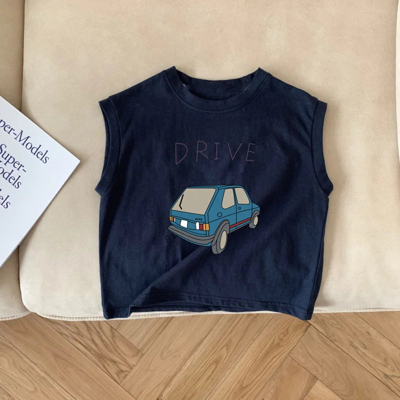 -キッズトップス ノースリーブTシャツ クラッシックカー レトロカー 車プリント 2カラー【mh0005842】 - mamahalo shop - タンクトップ・キャミソール・ノースリーブトップス -  べビー服 - 子供服 - 男の子 - 女の子