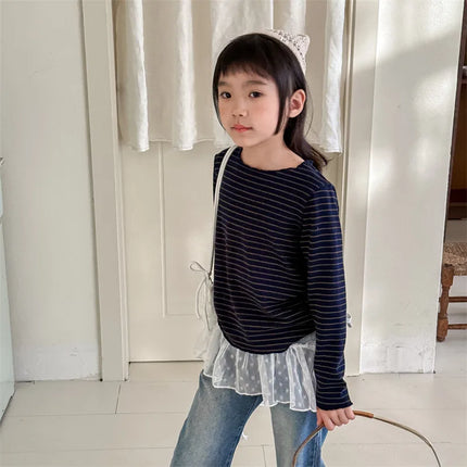 キッズトップス シンプルベーシックボーダーフリルネック長袖Tシャツ - mamahalo shop - 長袖Tシャツ -  べビー服 - 子供服 - 男の子 - 女の子