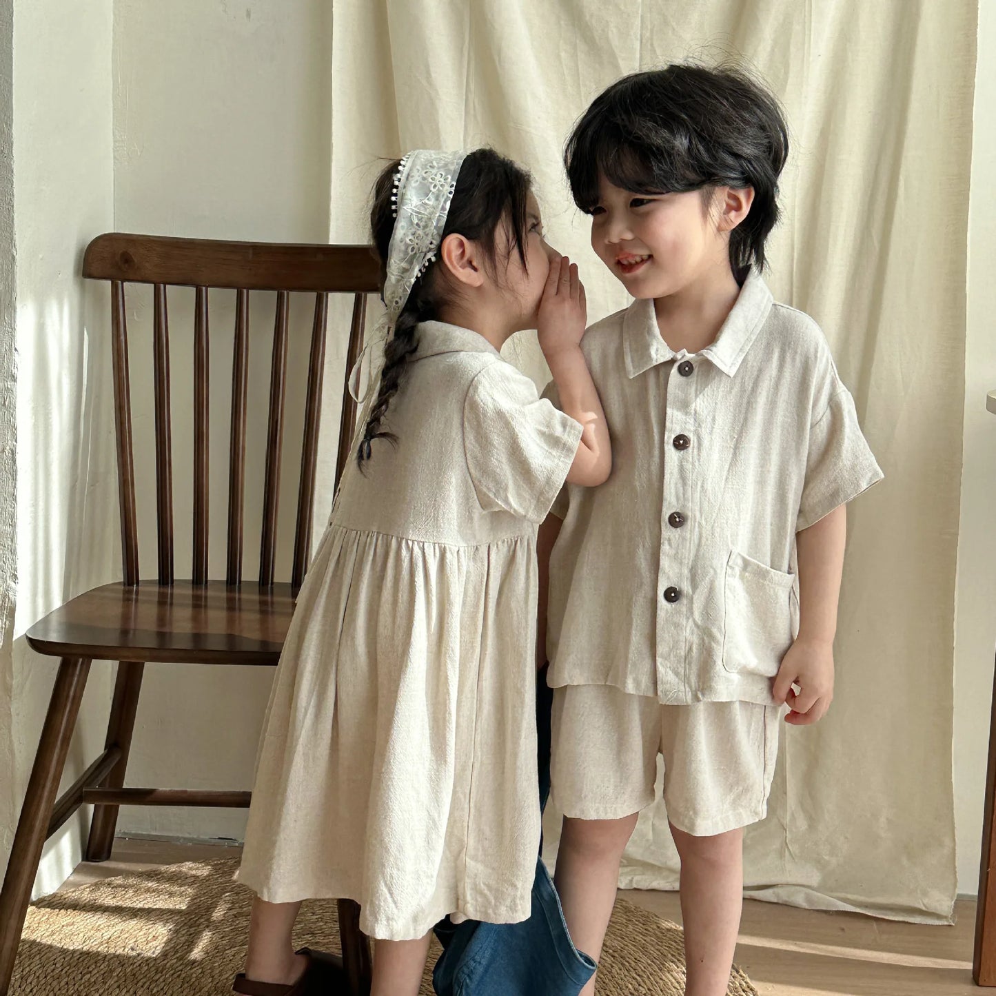 -キッズセットアップ 2点セット/ワンピース ボーイズ半袖シャツ+ショートパンツ/ガールズ半袖ワンピース ナチュラル コットンリネン リンクコーデ 兄弟姉妹 お揃いコーデ - mamahalo shop - 半袖セットアップ -  べビー服 - 子供服 - 男の子 - 女の子