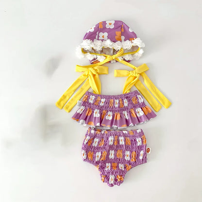 -ベビー水着 ビキニ セパレート スイムウェア リボン 帽子セット 3カラー【mh0004919】 - mamahalo shop - ベビー用水着 -  べビー服 - 子供服 - 男の子 - 女の子