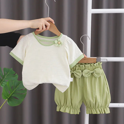 -キッズセットアップ 2点セット 半袖Tシャツ+バルーンショートパンツ リボン フラワー 2カラー【mh0005488】 - mamahalo shop - 半袖セットアップ -  べビー服 - 子供服 - 男の子 - 女の子