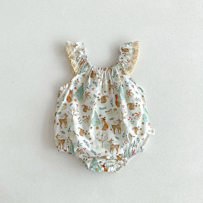 -ベビーロンパース ノースリーブフリルボディスーツ バンビ鹿フラワー花柄プリント【mh0004956】 - mamahalo shop - ノースリーブロンパース -  べビー服 - 子供服 - 男の子 - 女の子