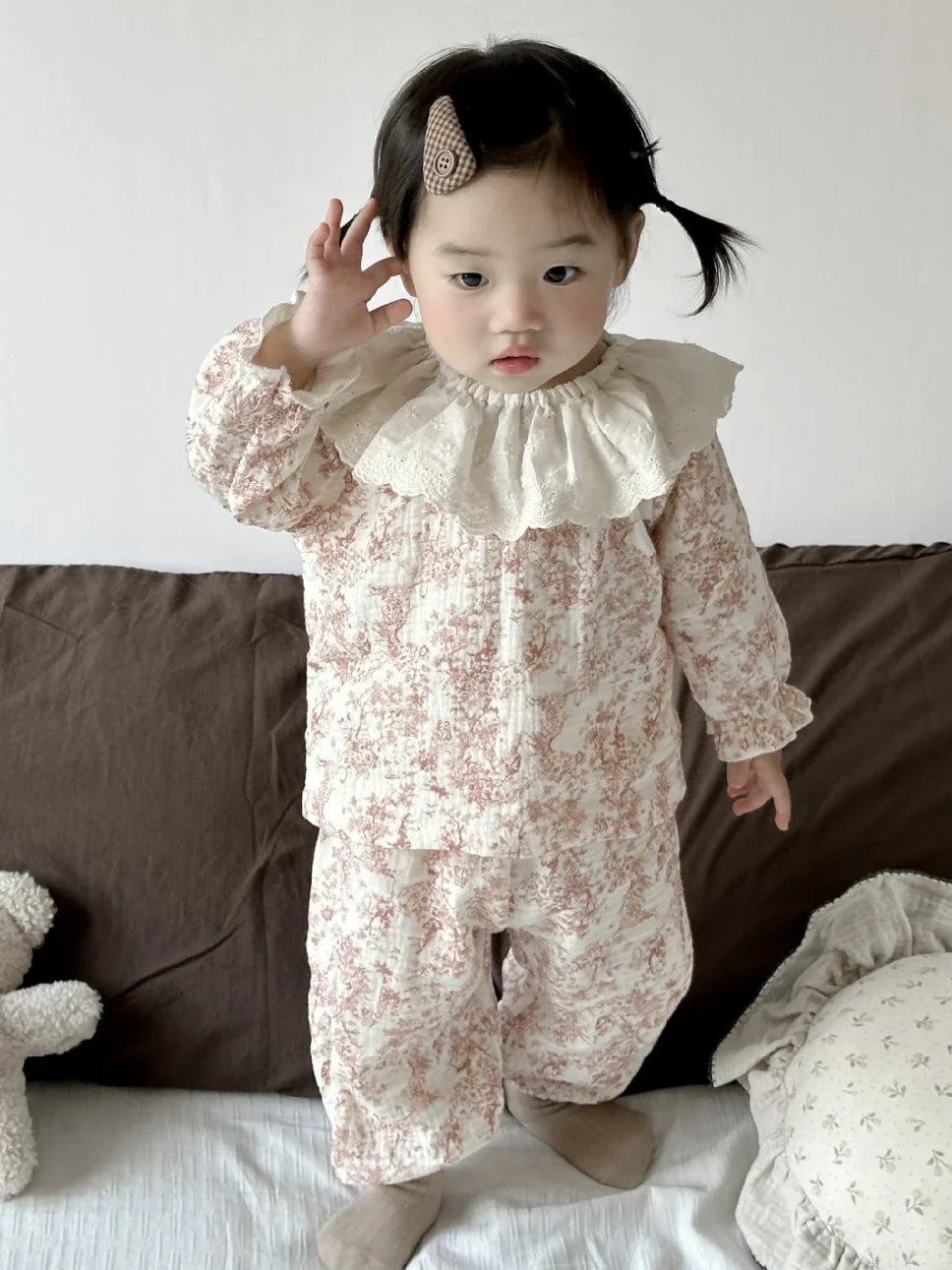 -ベビーセットアップ ハート/フラワープリントラッフル襟長袖シャツ+ロングパンツ 3カラー - mamahalo shop - 長袖セットアップ -  べビー服 - 子供服 - 男の子 - 女の子