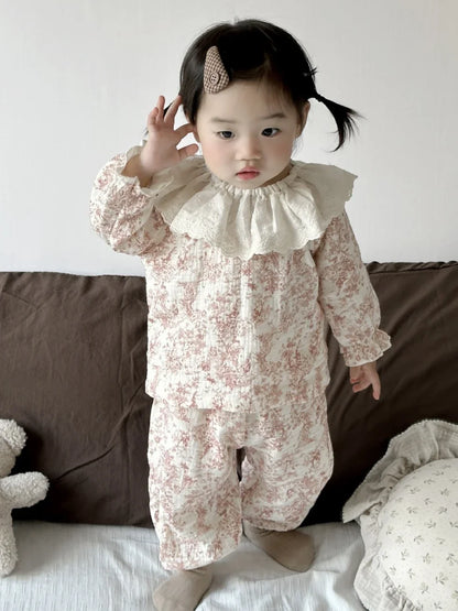 -ベビーセットアップ ハート/フラワープリントラッフル襟長袖シャツ+ロングパンツ 3カラー - mamahalo shop - 長袖セットアップ -  べビー服 - 子供服 - 男の子 - 女の子