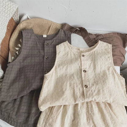 -キッズセットアップ 2点セット ノースリーブシャツブラウス＋ショートパンツ シンプルベーシック 無地/チェック 2カラー【mh0006032】 - mamahalo shop - ノースリーブセットアップ -  べビー服 - 子供服 - 男の子 - 女の子