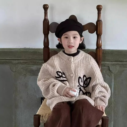 -キッズカーディガン アートフラワールーズニットジャケット アプリコット - mamahalo shop - カーディガン・パーカー -  べビー服 - 子供服 - 男の子 - 女の子